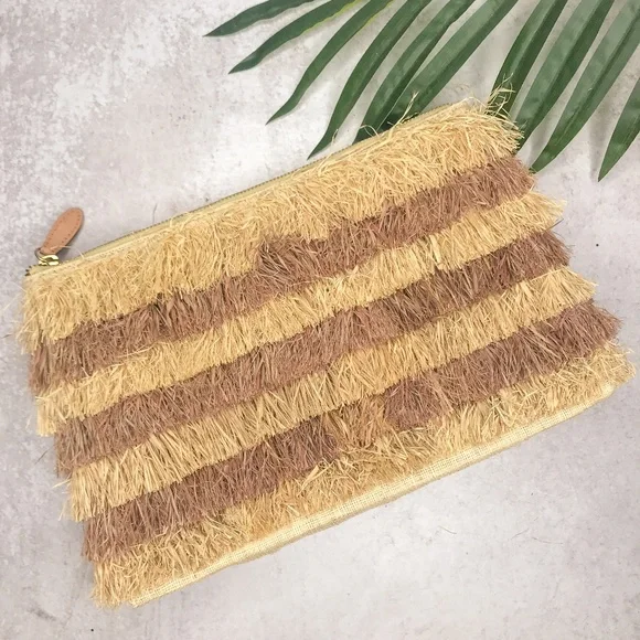 KAYU Pinata Neutral Fringe Oversized Straw Clutch - Picture 2 of 9
